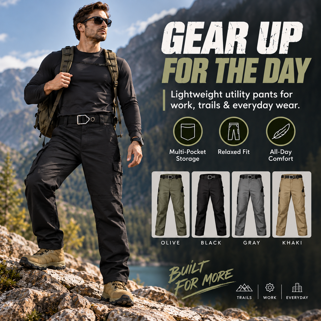 Men's All-Terrain Stretch Utility Cargo Pants - Water-Resistant & Lightweight Outdoor Trousers