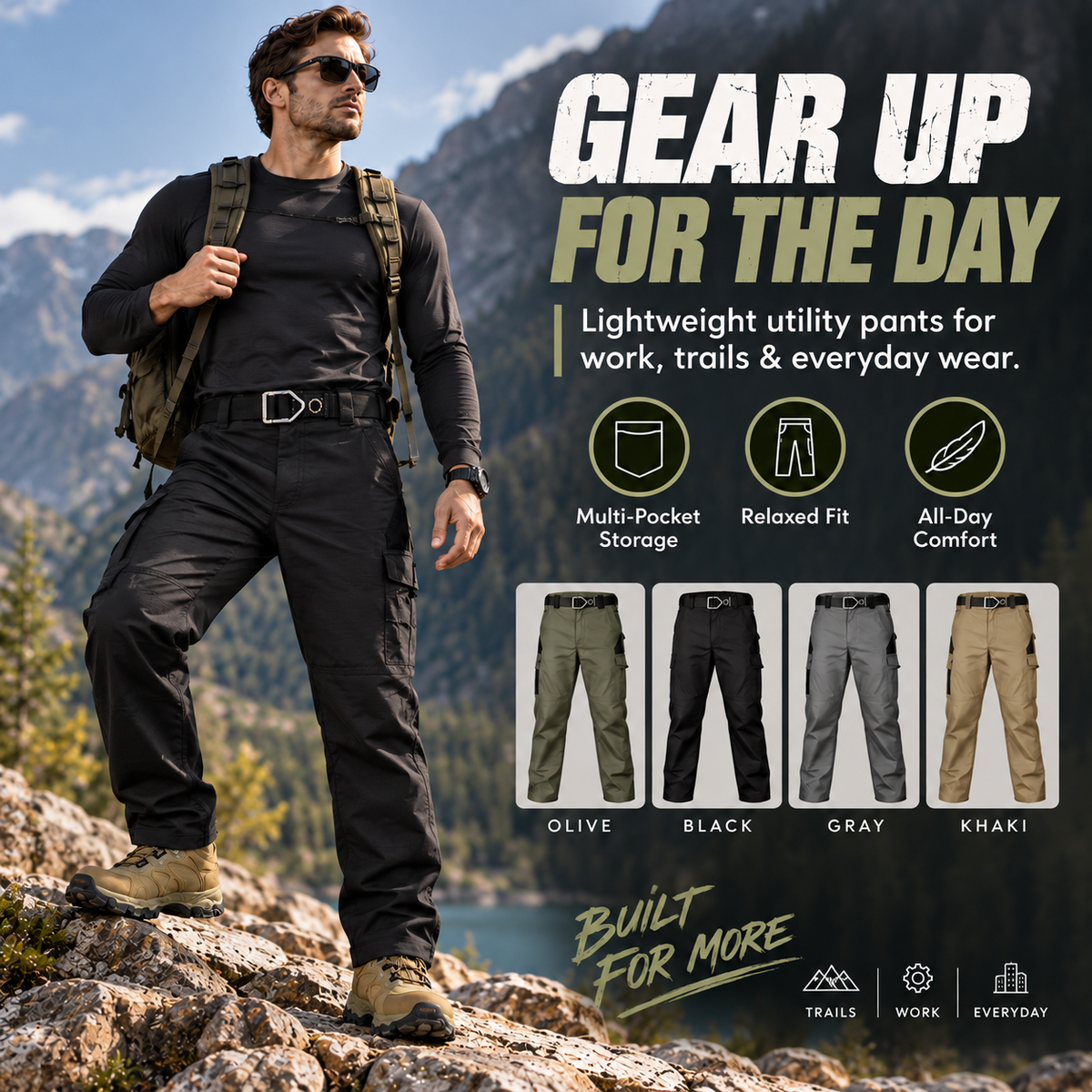 Men's All-Terrain Stretch Utility Cargo Pants - Water-Resistant & Lightweight Outdoor Trousers