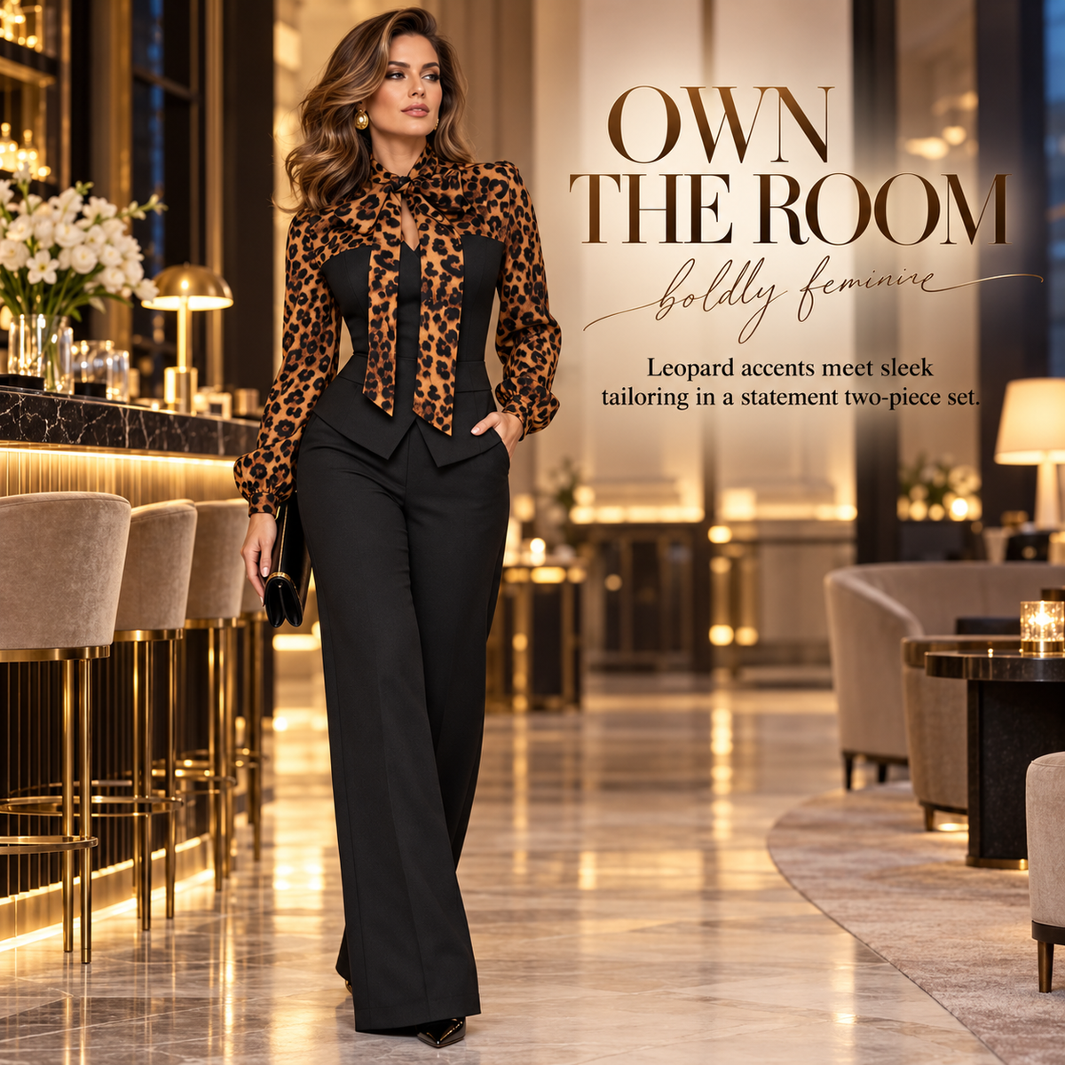 Casual Elegant Leopard Contrast Top & High-Waist Trouser Outfit