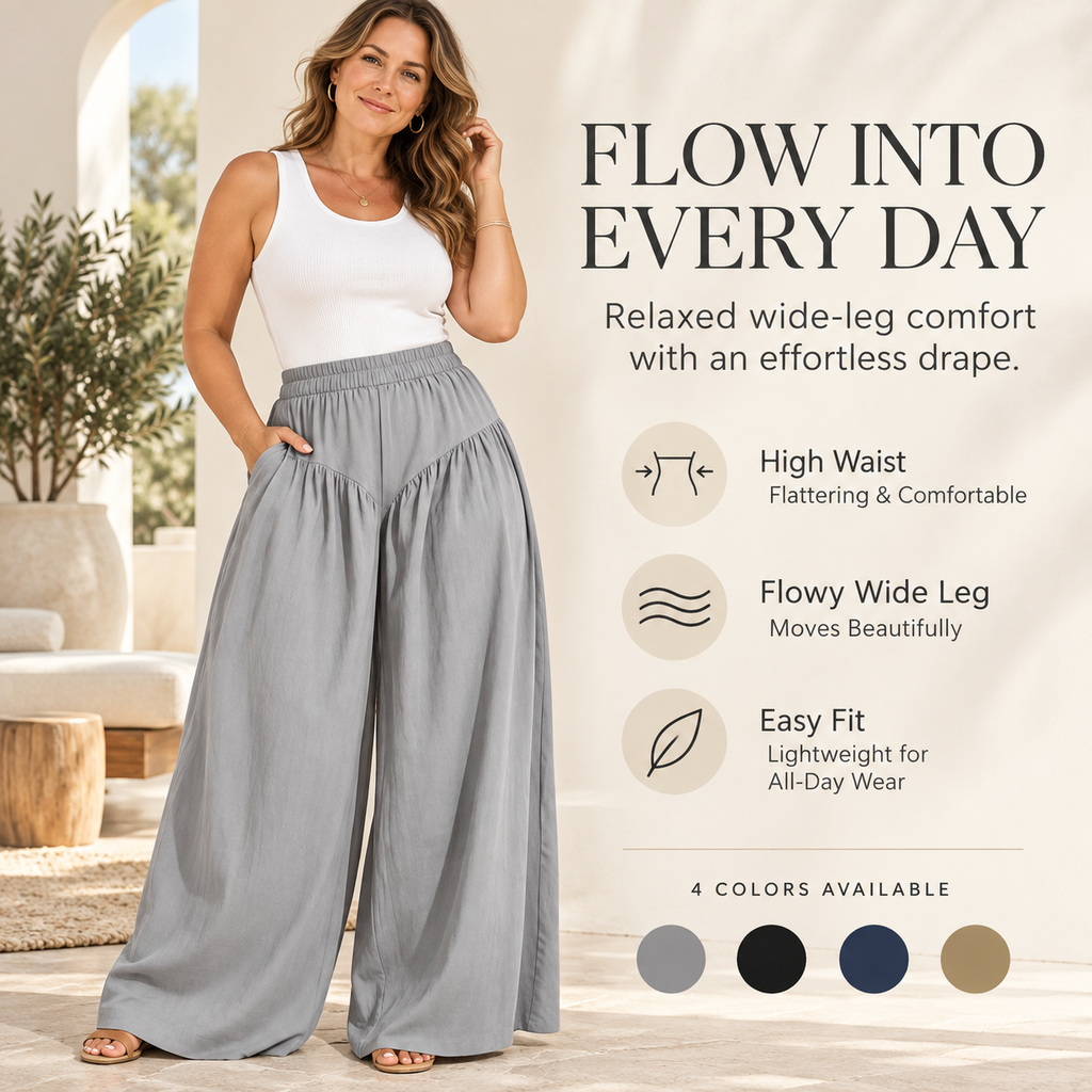 High Waist Wide Leg Casual Pants with Pockets & Elastic Waist