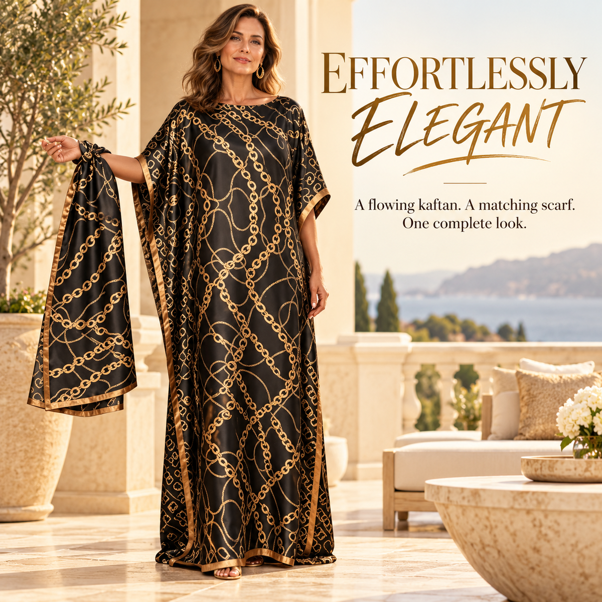 Printed Kaftan Maxi Dress & Matching Scarf Set