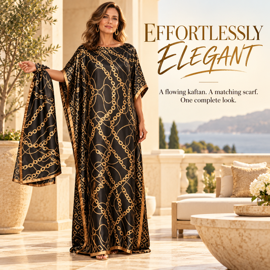 Printed Kaftan Maxi Dress & Matching Scarf Set