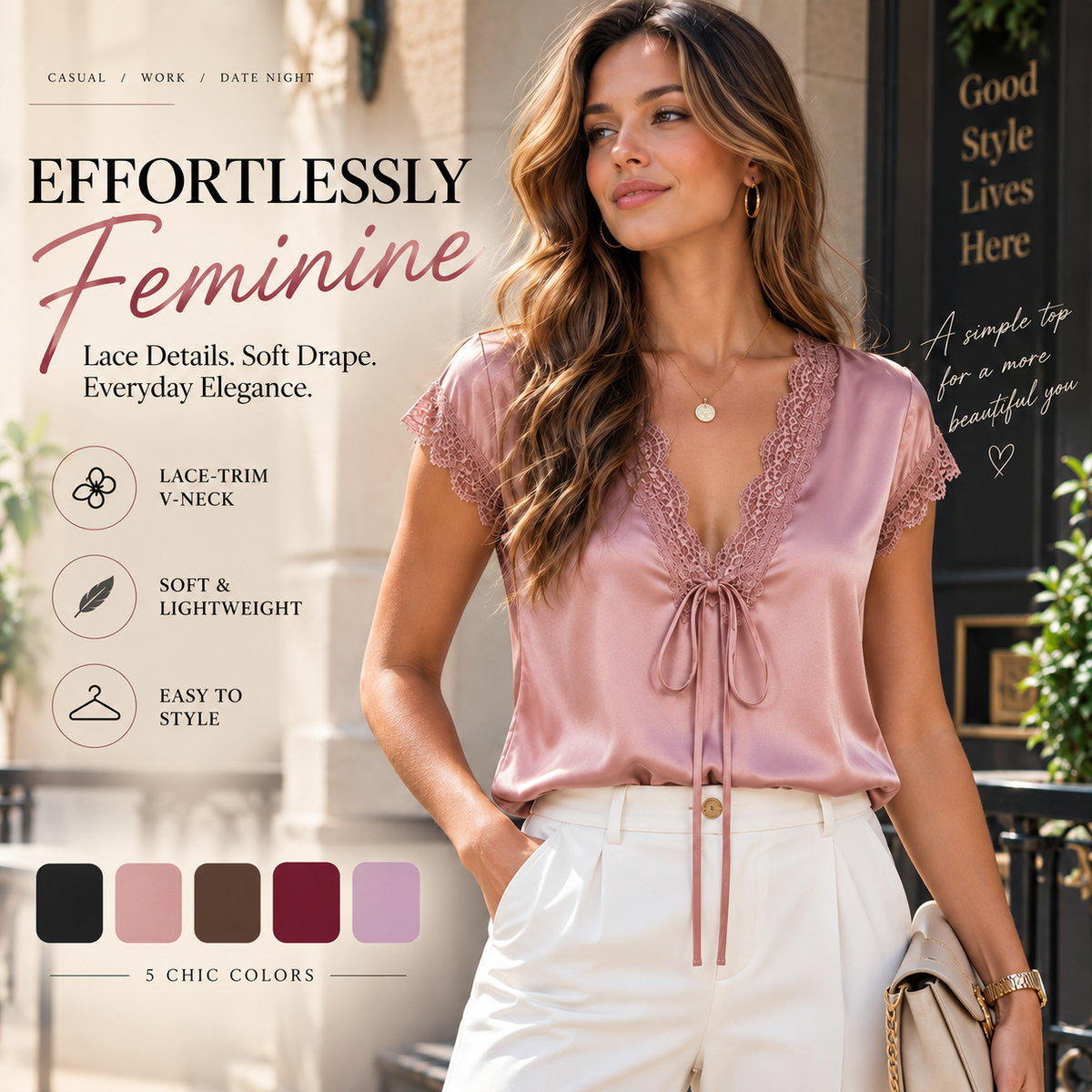 Women's Satin Lace V-Neck Blouse – Elegant Tie-Front Short Sleeve Top