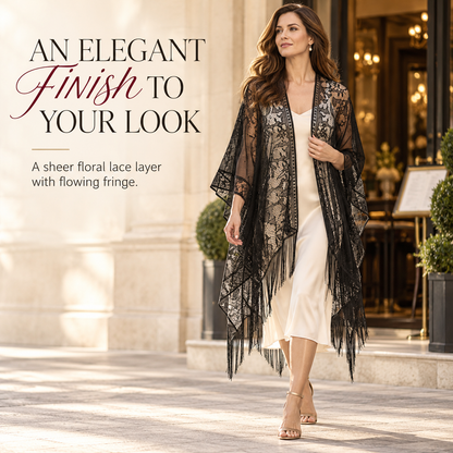 Elegant Floral Lace Kimono Wrap with Flowing Fringe | Evening & Wedding Shrug