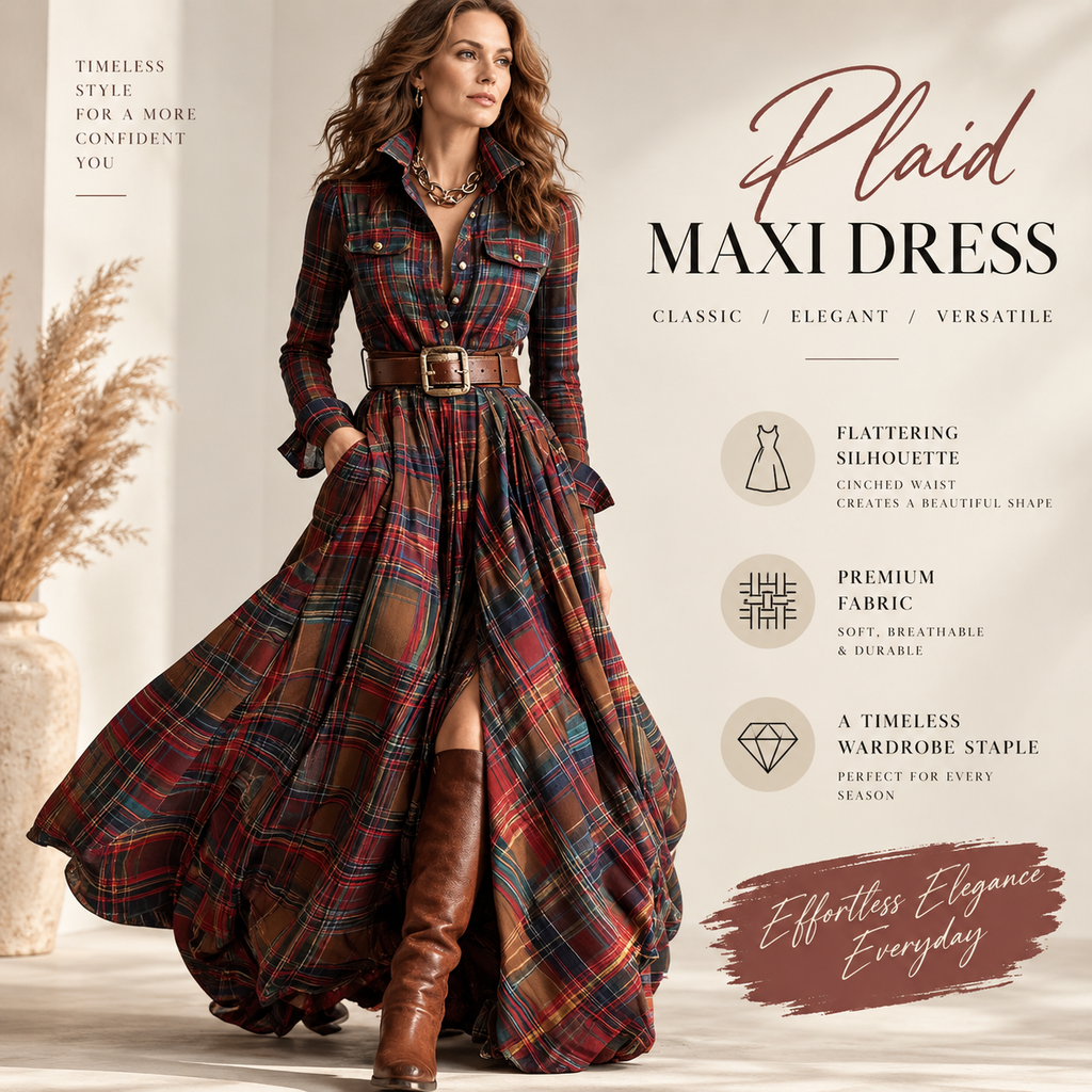 Vintage Plaid Button-Front Maxi Dress – Belt Included