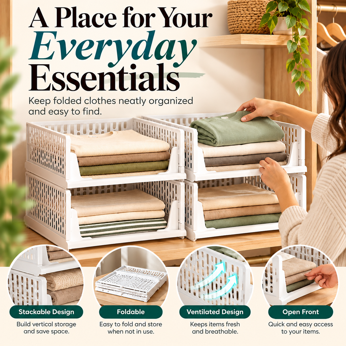 🧺 Stackable & Foldable Storage Basket – Space-Saving Closet Organizer