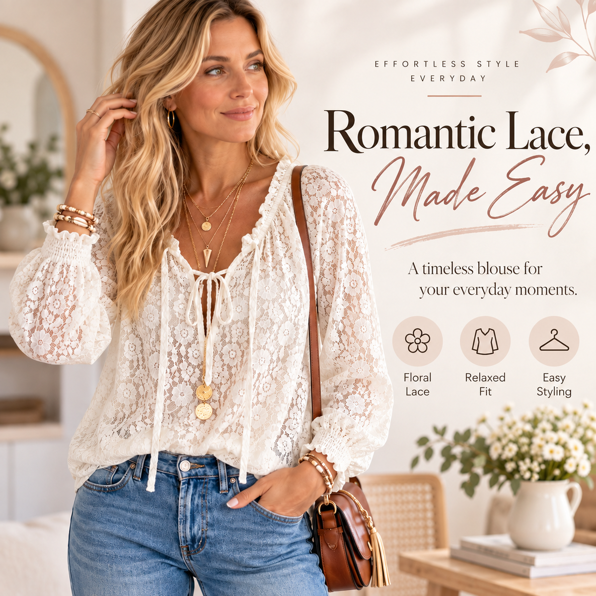 Elegant French Lace Tie-Neck Blouse | Casual Long Sleeve Boho Top