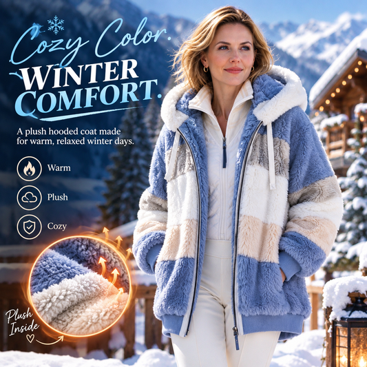 Women's Colorblock Plush Hooded Zip-Up Winter Jacket
