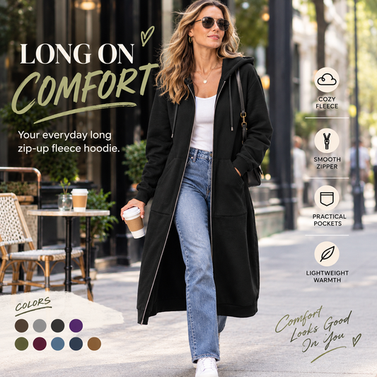 Women's Long Zip-Up Fleece Hoodie – Casual Oversized Full-Zip Outerwear with Pockets