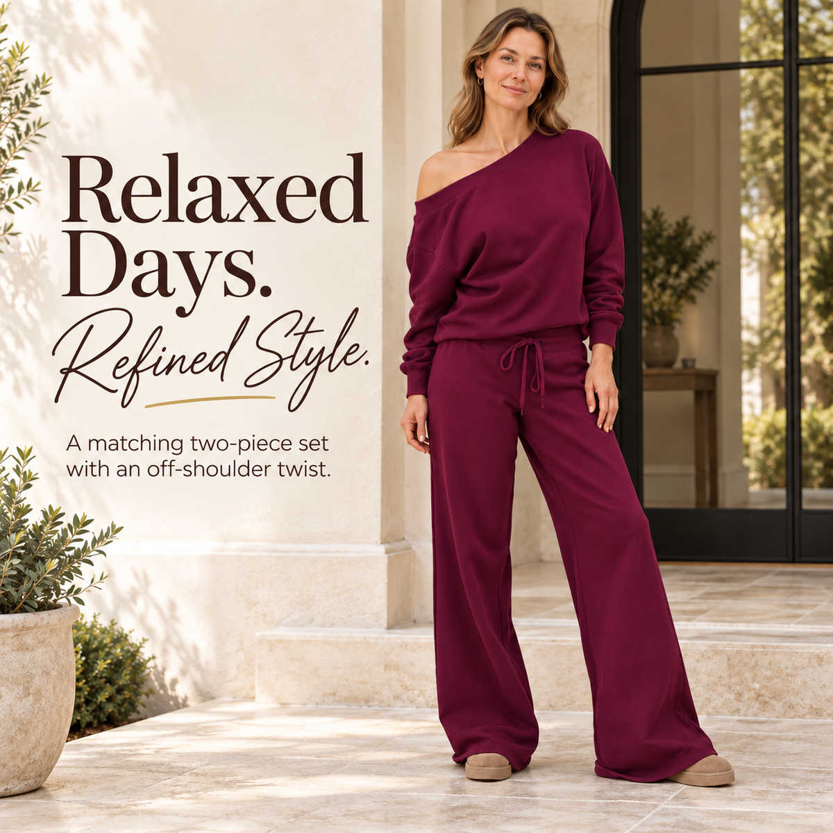 Women's 2-Piece Off-Shoulder Lounge Set – Wide Leg Pants & Sweatshirt