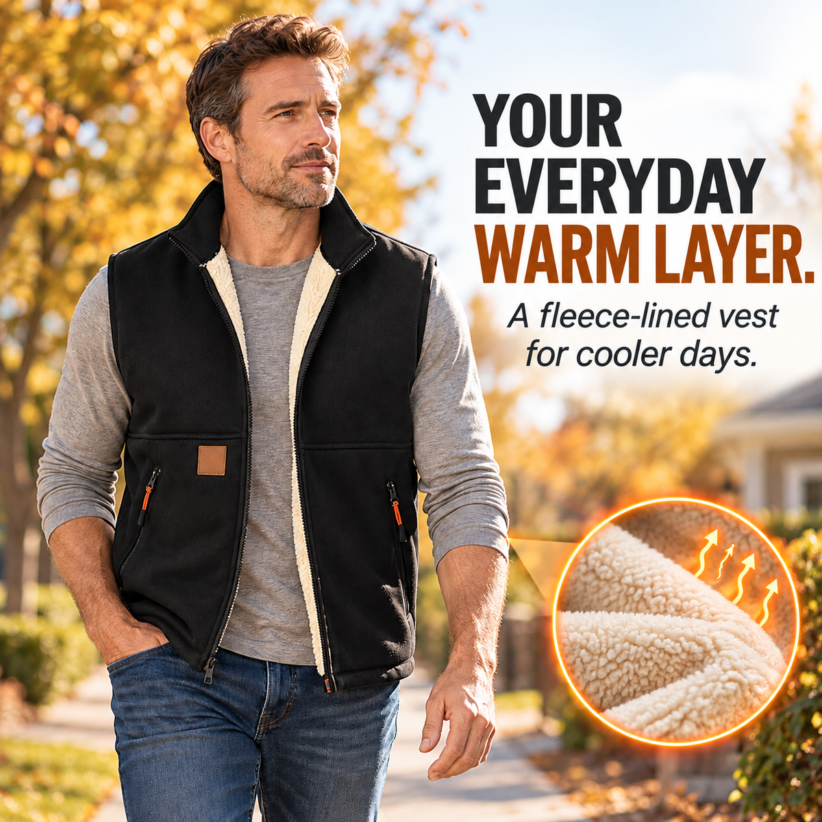 ❄️ Men’s Fleece-Lined Full-Zip Vest with Stand Collar & Zippered Pockets