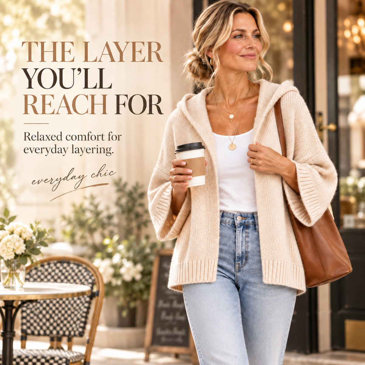 Women’s Hooded Open-Front Knit Cardigan – Relaxed 3/4 Sleeve Sweater