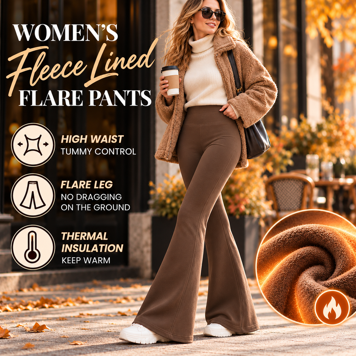 Women’s Fleece-Lined Flare Pants – High-Waisted with Pockets 🤎