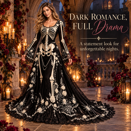 Women’s Gothic Skeleton & Rose Maxi Dress – Vintage Style, Flared Sleeves & Flowing Skirt for Halloween