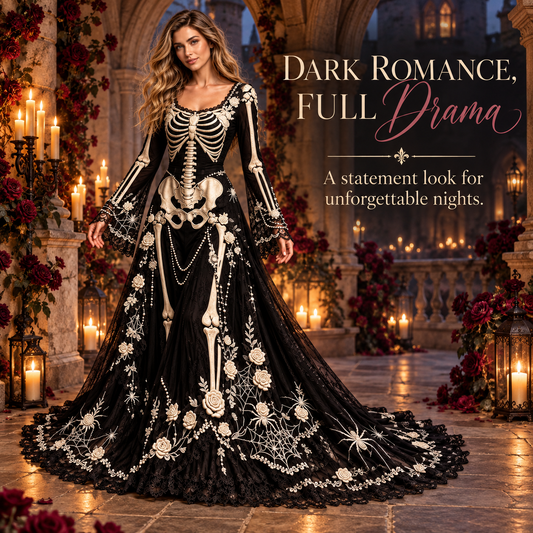 Women’s Gothic Skeleton & Rose Maxi Dress – Vintage Style, Flared Sleeves & Flowing Skirt for Halloween