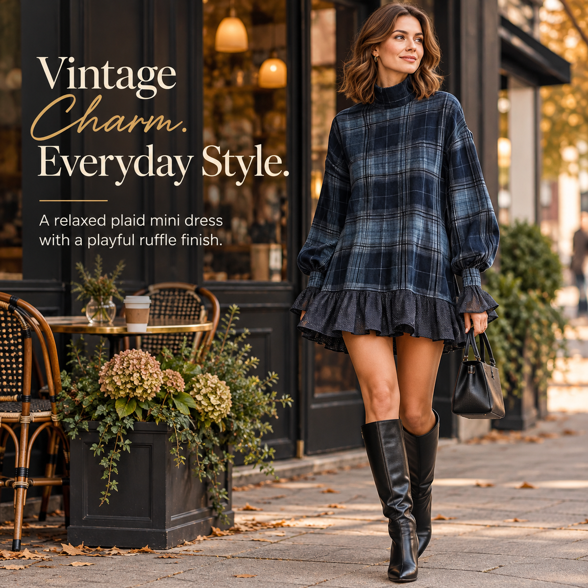 Women's Vintage Plaid Mini Dress – Mock Neck, Relaxed Fit & Ruffle Hem