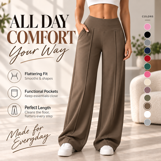 Women’s High-Rise Wide-Leg Comfort Pants with Pockets, Stretch Fit & Front Seams