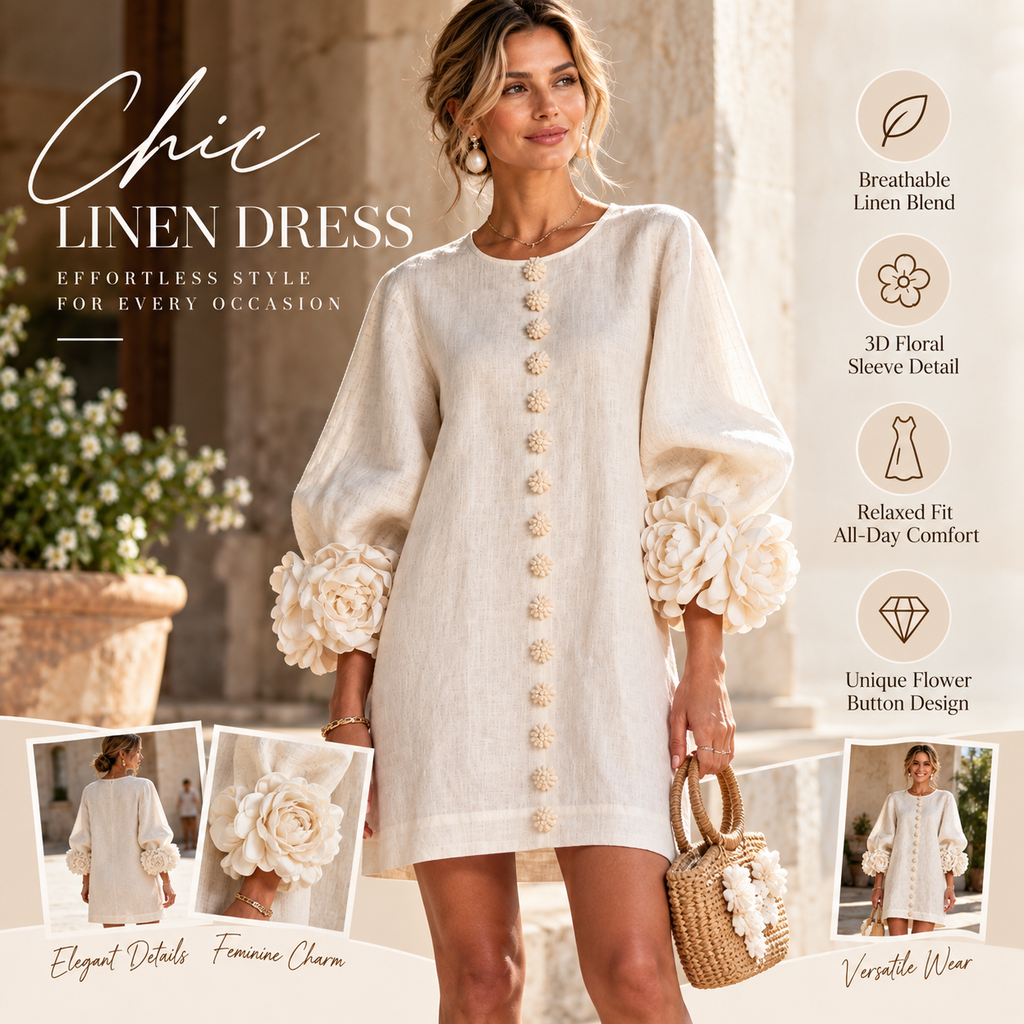 Women's Statement Floral Cuff Mini Dress – Relaxed A-Line Fi