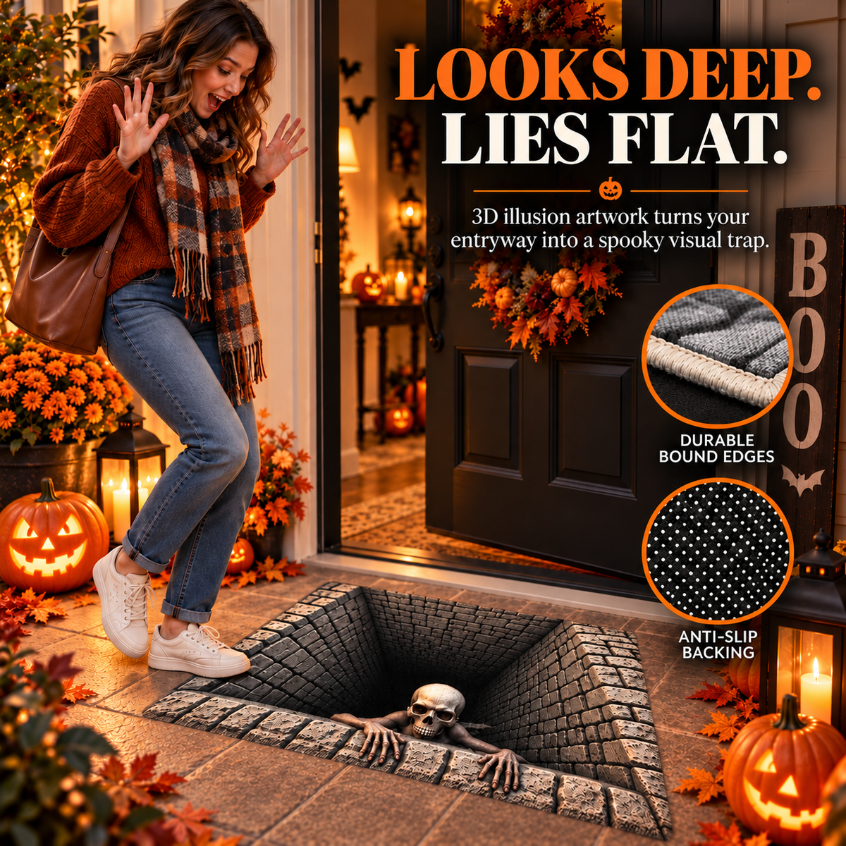 💀 3D Halloween Rug, Spooky Optical Illusion Skeleton Rug🎃