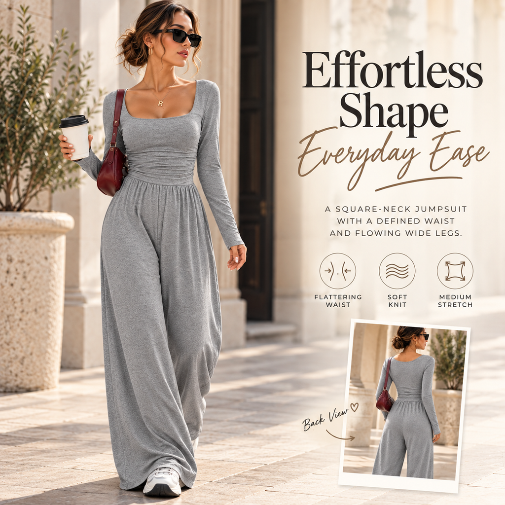 Women’s Square Neck Ruched Wide-Leg Jumpsuit