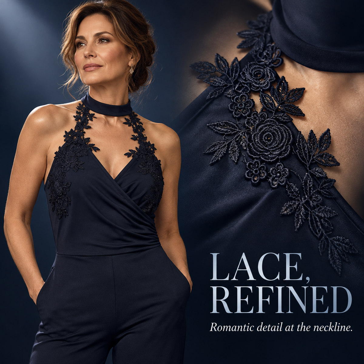 Floral Lace Halter Neck Wide-Leg Jumpsuit for Women | Evening Party & Wedding Guest