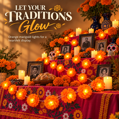 🎃 Marigold Flower String Lights – A Festive Glow for Fall & Day of the Dead 🌼