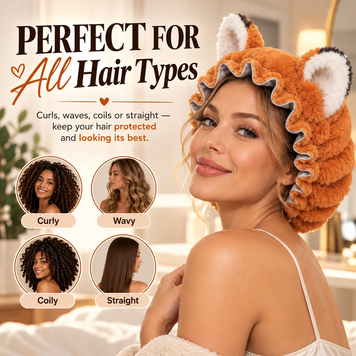🦊 Plush Fox Ear Sleep Bonnet – Satin Lined & Adjustable for Gentle Hair Care ✨