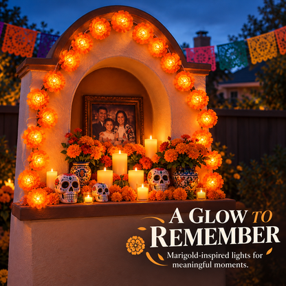 🎃 Marigold Flower String Lights – A Festive Glow for Fall & Day of the Dead 🌼