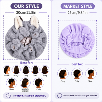 🦊 Plush Fox Ear Sleep Bonnet – Satin Lined & Adjustable for Gentle Hair Care ✨