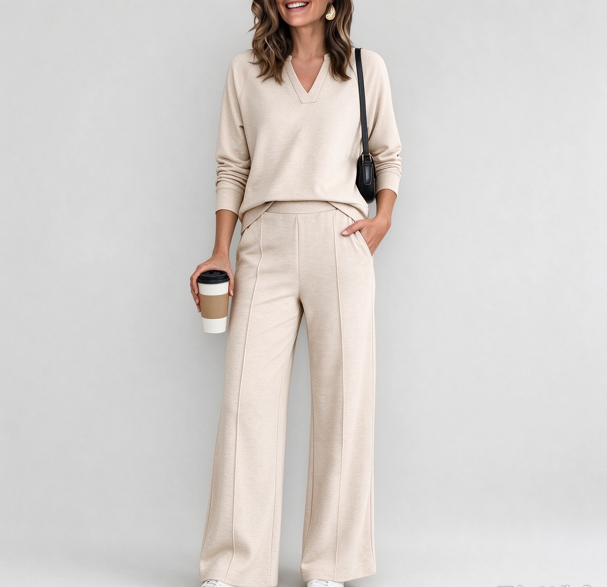 The Tailored V-Neck & Pintuck Wide-Leg Two-Piece Commuter Set