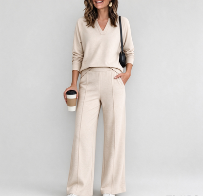 The Tailored V-Neck & Pintuck Wide-Leg Two-Piece Commuter Set