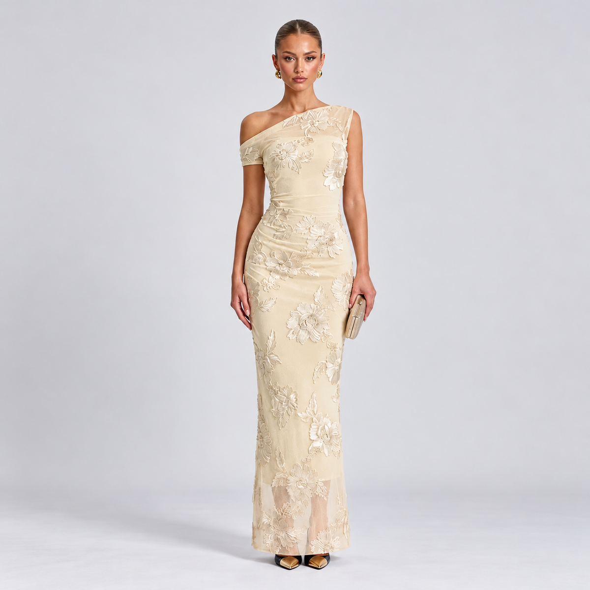 Elegant Asymmetric One-Shoulder 3D Floral Mesh Maxi Dress for Evening Formal Events