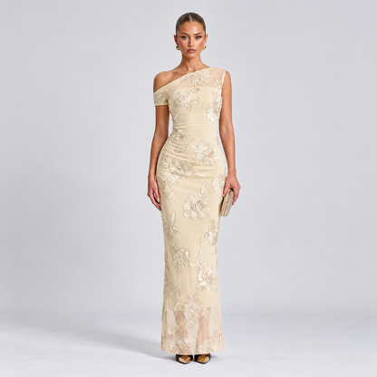 Elegant Asymmetric One-Shoulder 3D Floral Mesh Maxi Dress for Evening Formal Events