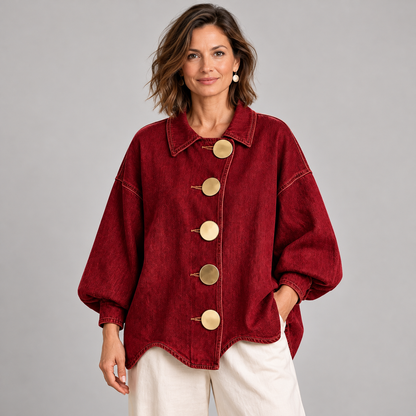 Boho Textured Denim Jacket - Loose Fit Lantern Sleeve Jacket with Oversized Gold Buttons