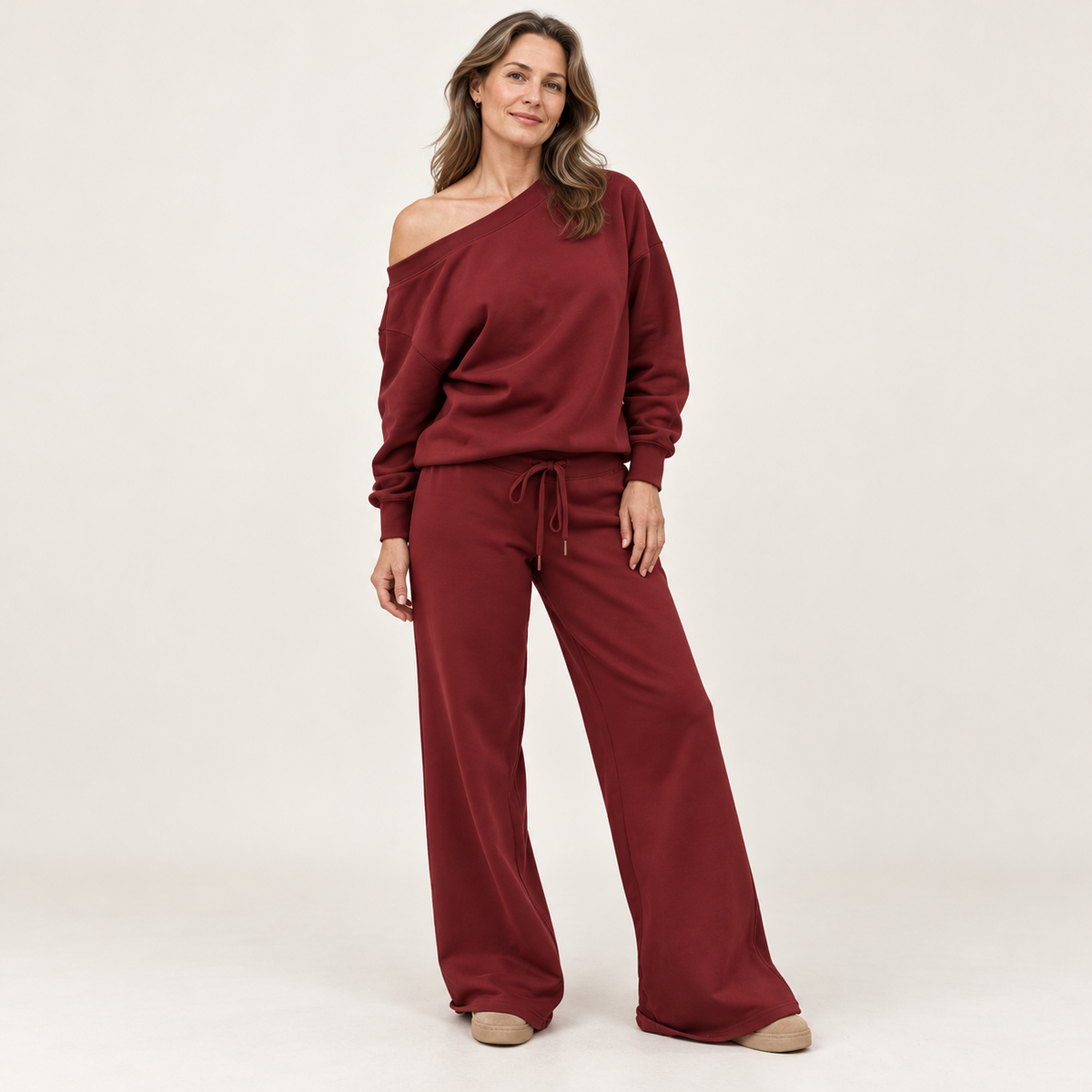 Women's 2-Piece Off-Shoulder Lounge Set – Wide Leg Pants & Sweatshirt