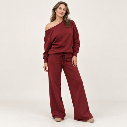 Women's 2-Piece Off-Shoulder Lounge Set – Wide Leg Pants & Sweatshirt