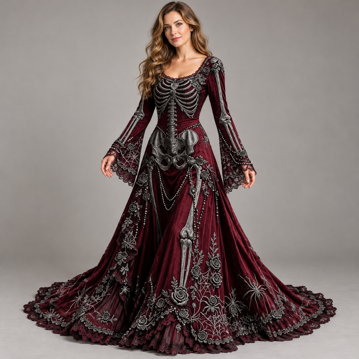 Women’s Gothic Skeleton & Rose Maxi Dress – Vintage Style, Flared Sleeves & Flowing Skirt for Halloween