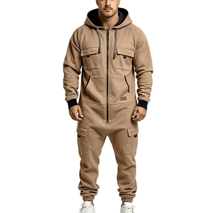 🛠️ Men's Utility Cargo Jumpsuit – Hooded Zip-Front One-Piece Workwear with Multiple Pockets