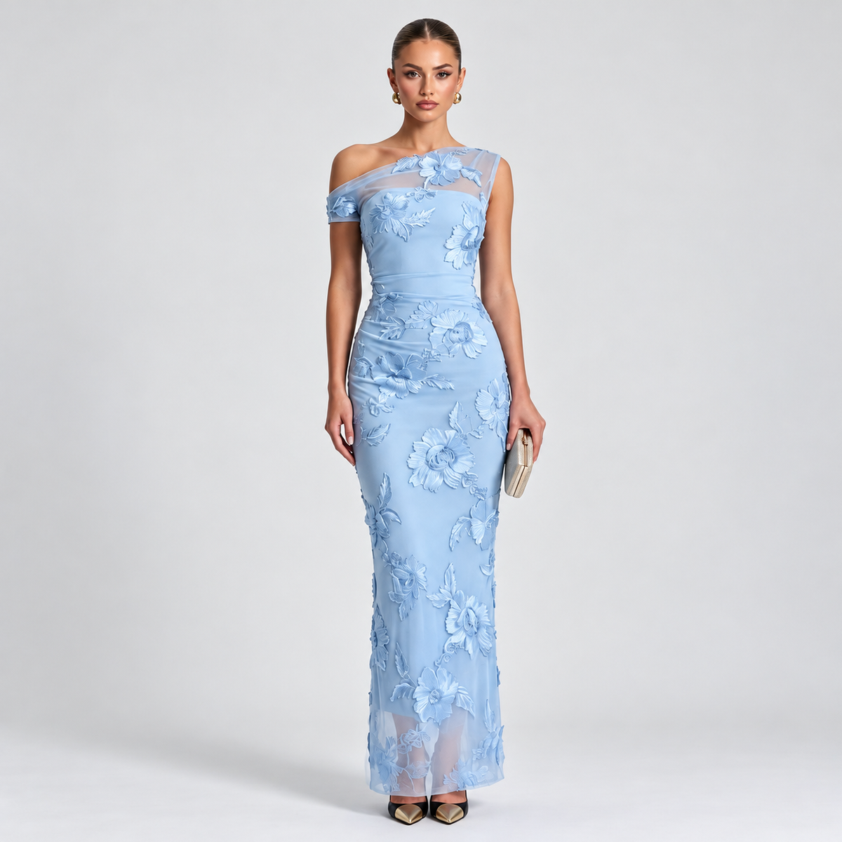Elegant Asymmetric One-Shoulder 3D Floral Mesh Maxi Dress for Evening Formal Events
