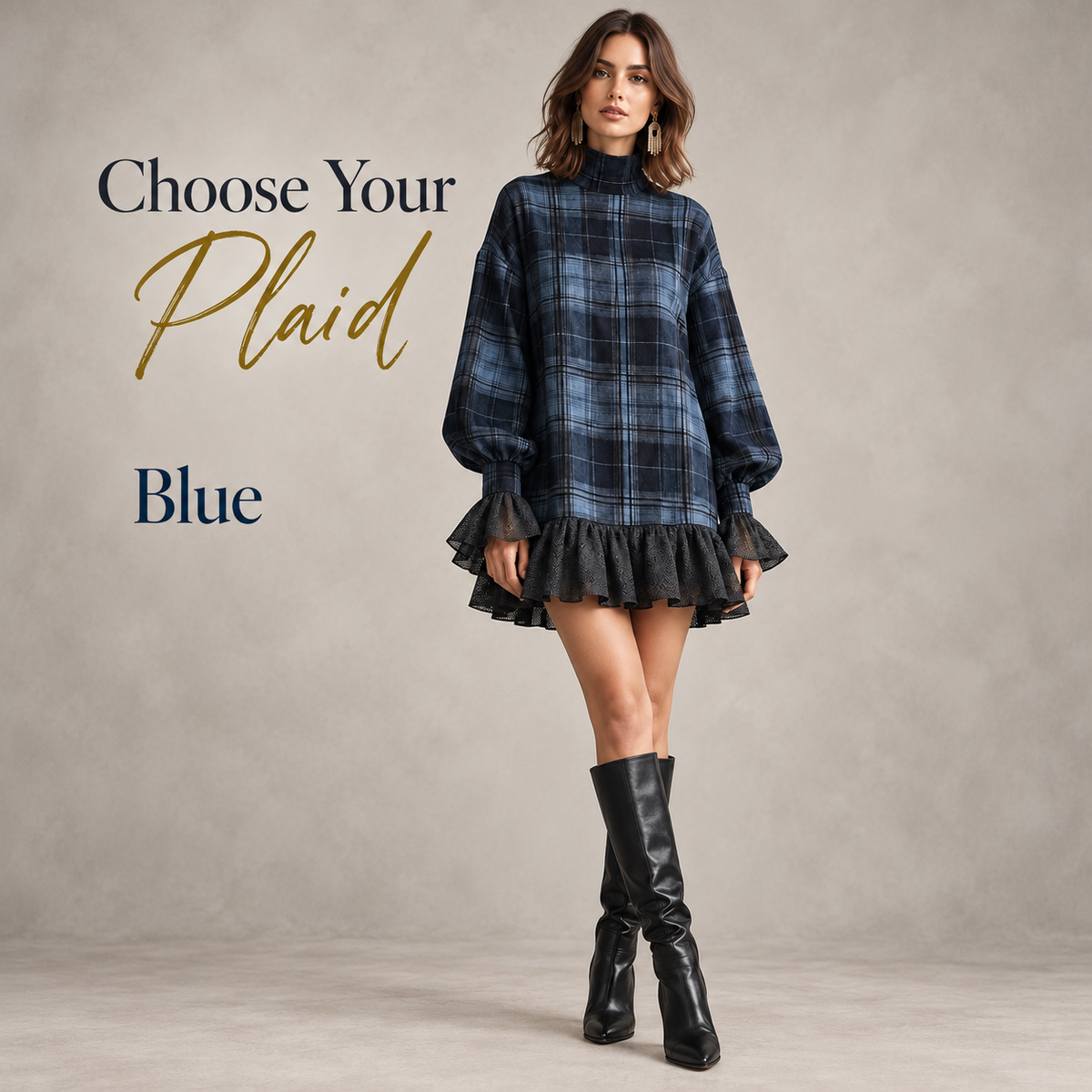 Women's Vintage Plaid Mini Dress – Mock Neck, Relaxed Fit & Ruffle Hem
