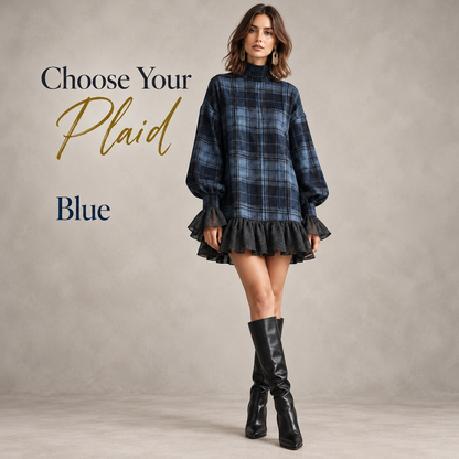 Women's Vintage Plaid Mini Dress – Mock Neck, Relaxed Fit & Ruffle Hem