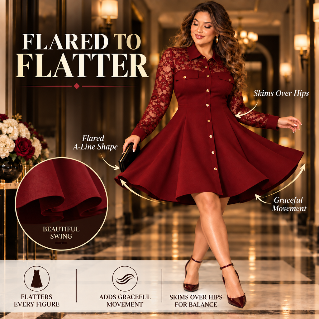 Women's Elegant Lace Panel A-Line Shirt Dress: Waist-Defining Button-Front Silhouette