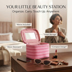Pink Striped Portable Makeup Bag with Built-In Mirror