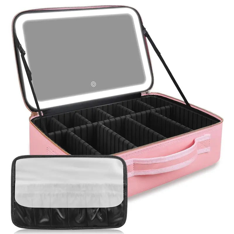 Portable Makeup Train Case with LED Lighted Mirror, 3 Lighting Modes & Adjustable Dividers