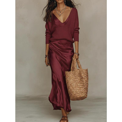 💃Women’s 2-Piece V-Neck Knit Sweater & Satin Slip Maxi Dress Set💃