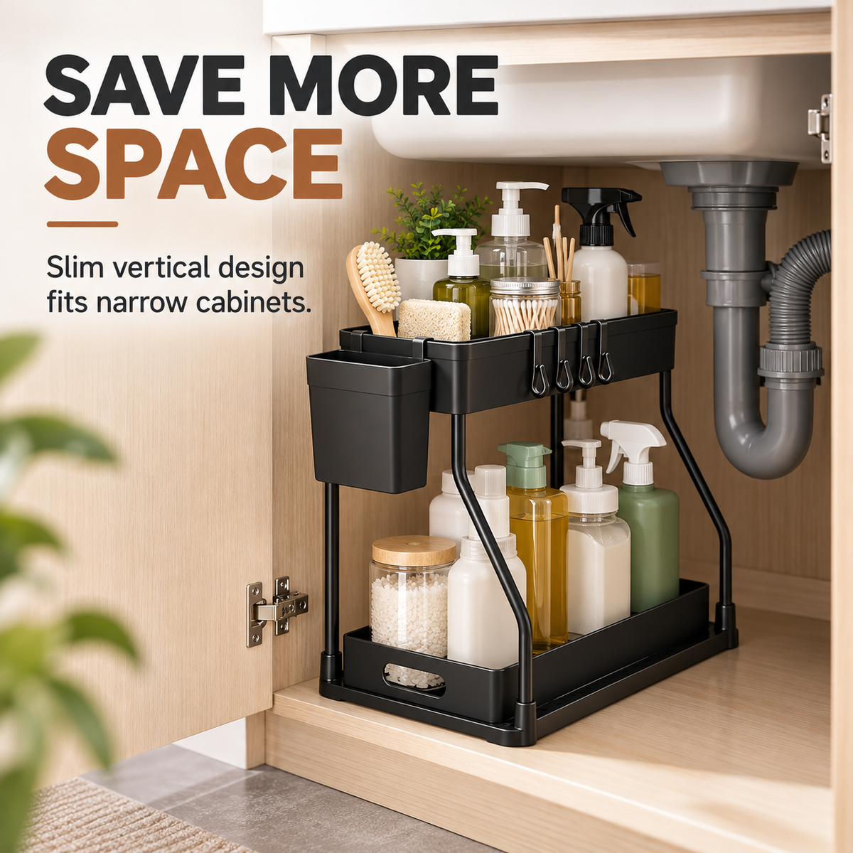 2-Tier Pull-Out Under-Sink Organizer with Hooks &amp; Side Basket