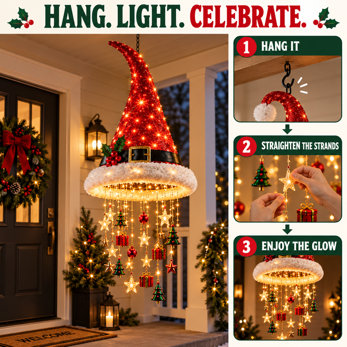 🎄 Premium Lighted Christmas Chandelier ✨ Festive Hanging Holiday Decor with Warm Glowing Lights