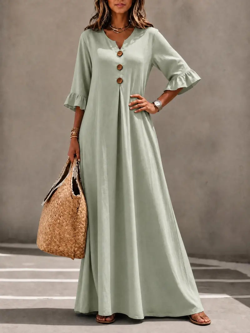 Women's Boho V-Neck Dress with Wooden Buttons, Ruffle Sleeves & Loose A-Line Fit