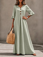 Women's Boho V-Neck Dress with Wooden Buttons, Ruffle Sleeves & Loose A-Line Fit