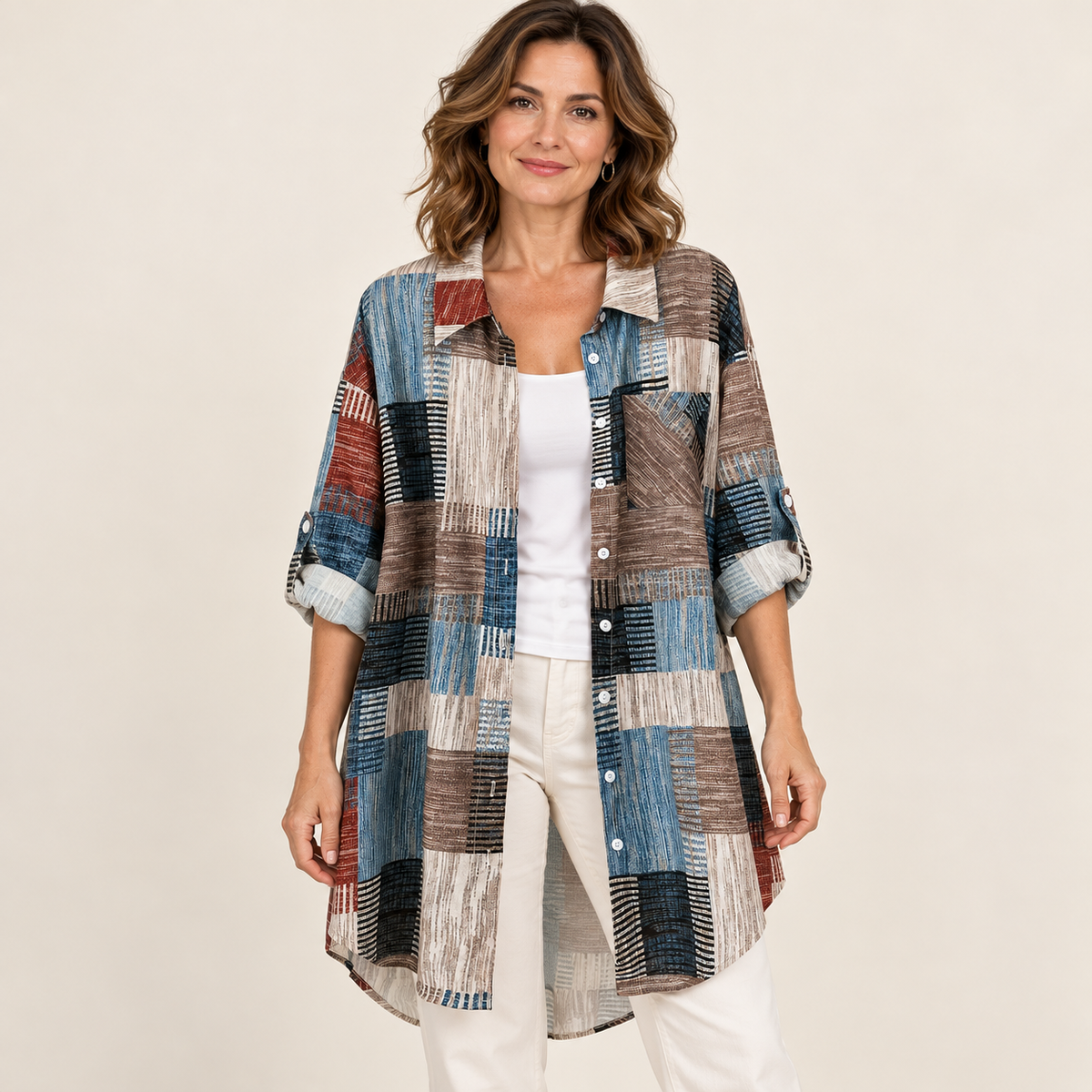 Women's Boho Abstract Colorblock Button-Up Shacket - Long Sleeve Mid-Length Coat